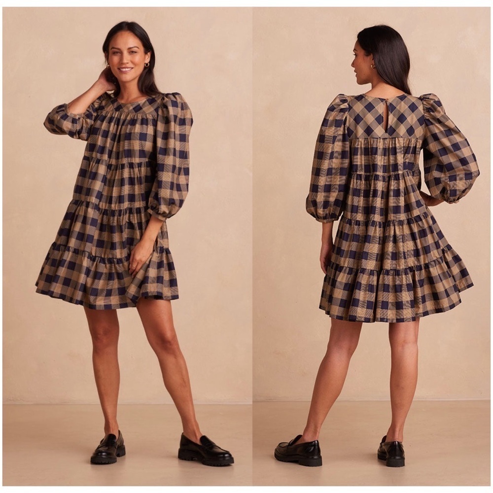 Summersalt‎ The Tiered Mini Dress in Buffalo Check in Midnight & Toffee